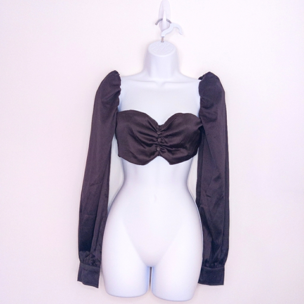 Nasty Gal Puff Shoulder Women's Satin Crop Top Black Long Sleeves Shirt